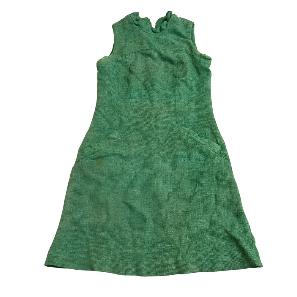 Alison Ayres Shift Dress Womens XS Green Vintage 60s Mod Mock Neck Pockets